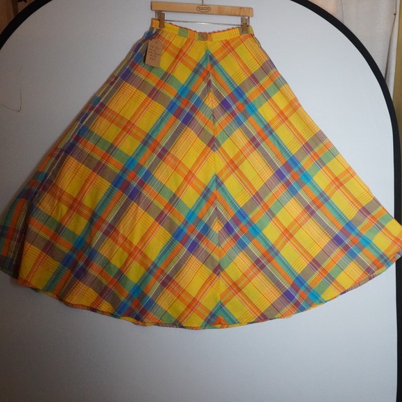 Vintage Dresses & Skirts - VTG 70s Handmade Plaid Maxi Skirt Yellow Orange Blue Clip Dot Textured Boho XS S